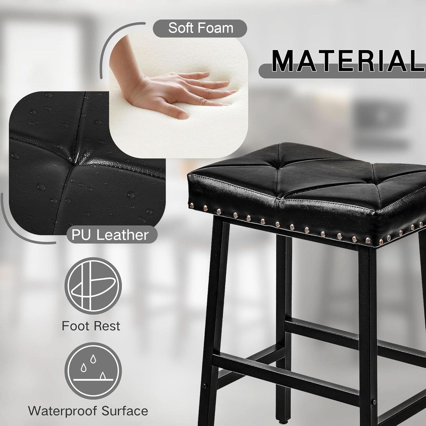 25 Inch Counter Height Bar Stools Set Of 2 In Black With PU Upholstered Saddle Seats For Comfort