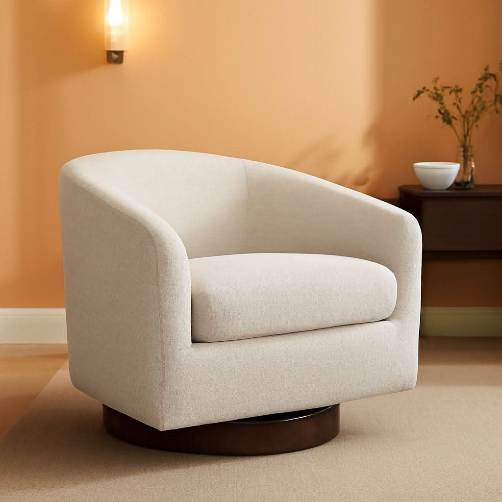 Ivory Swivel Barrel Chair With Plush Foam Back Cushion