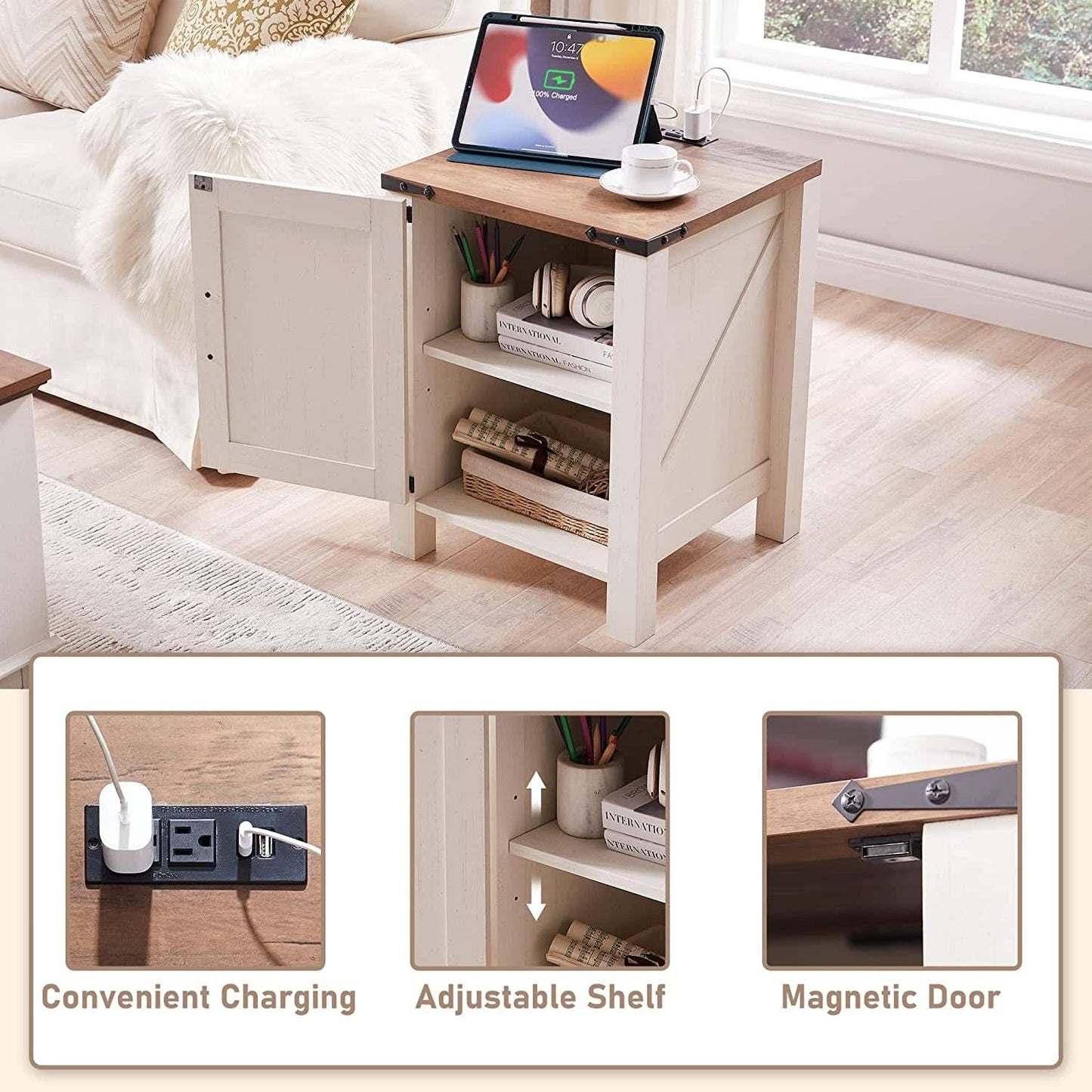Farmhouse Nightstand With Charging Station Antique Finish