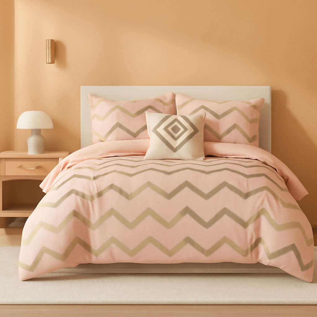 Ziggy Pink Rose Gold Geometric Comforter Set For Full Queen Bed