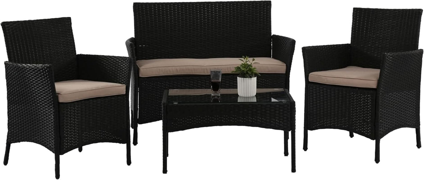 4 Piece Rattan Patio Set With Glass Table Black Cushions