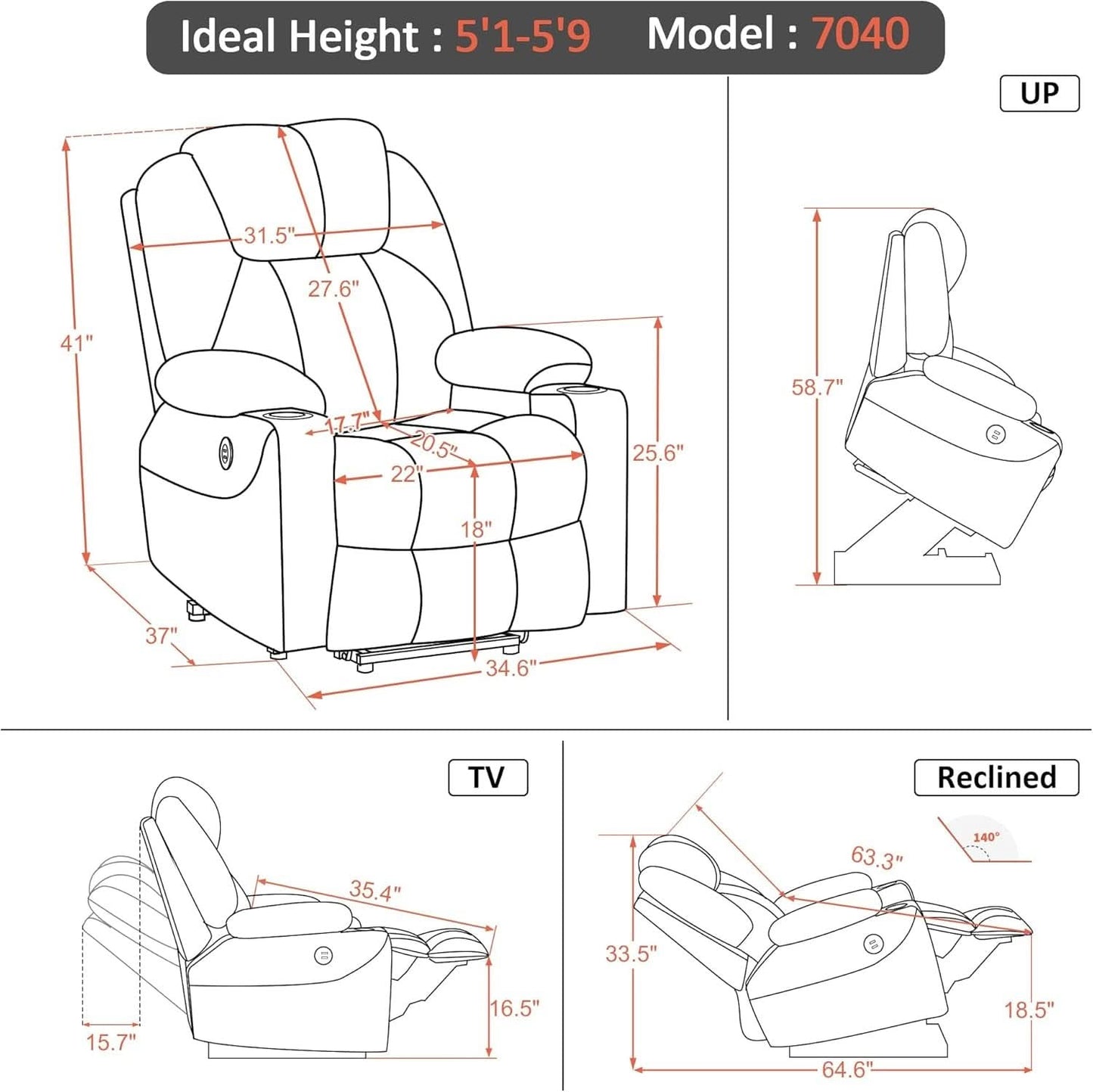 Electric Power Lift Recliner Chair With Massage And Heat Grey Medium