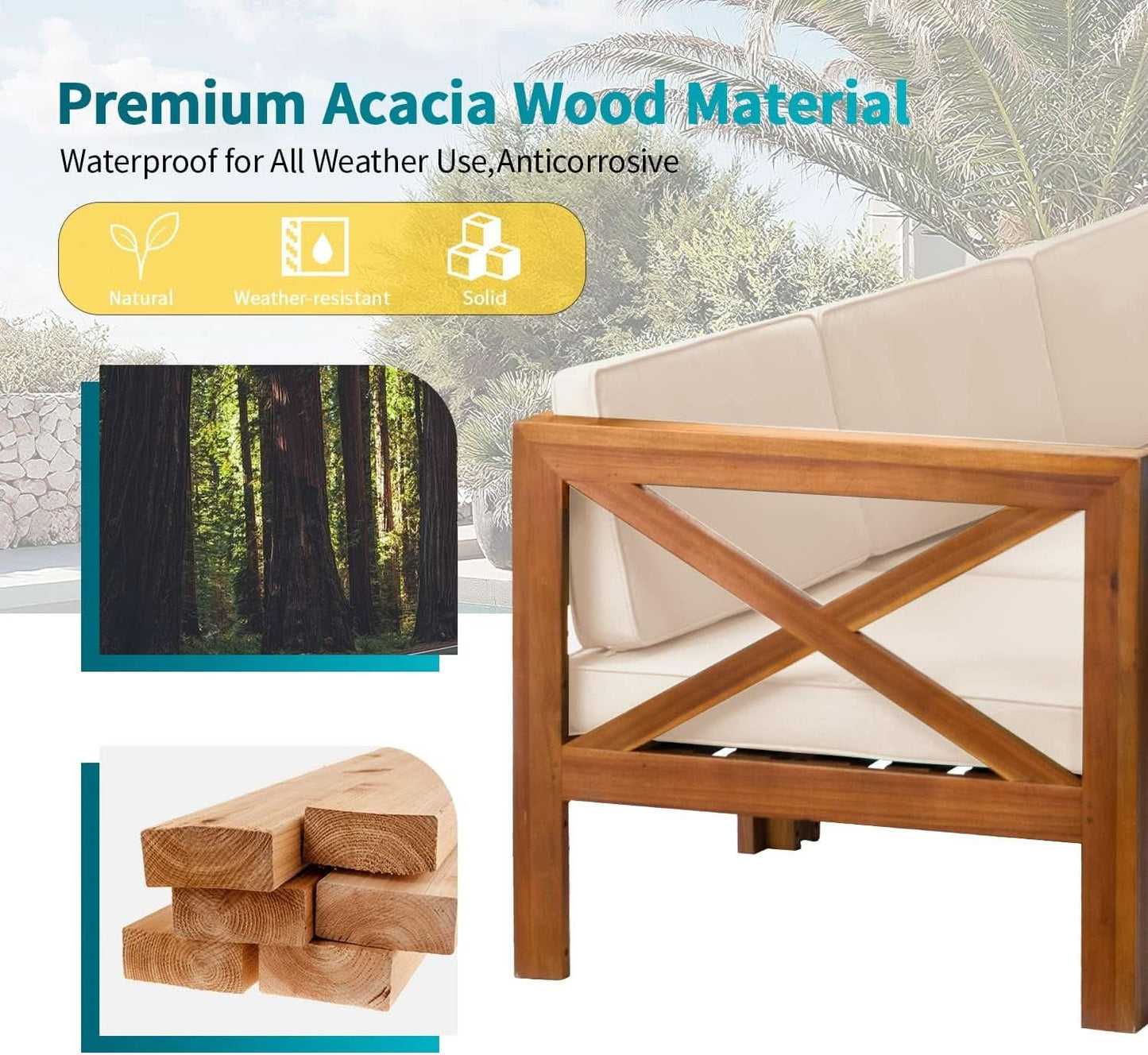 Acacia Wood Outdoor 5 Piece Patio Set With Cushions