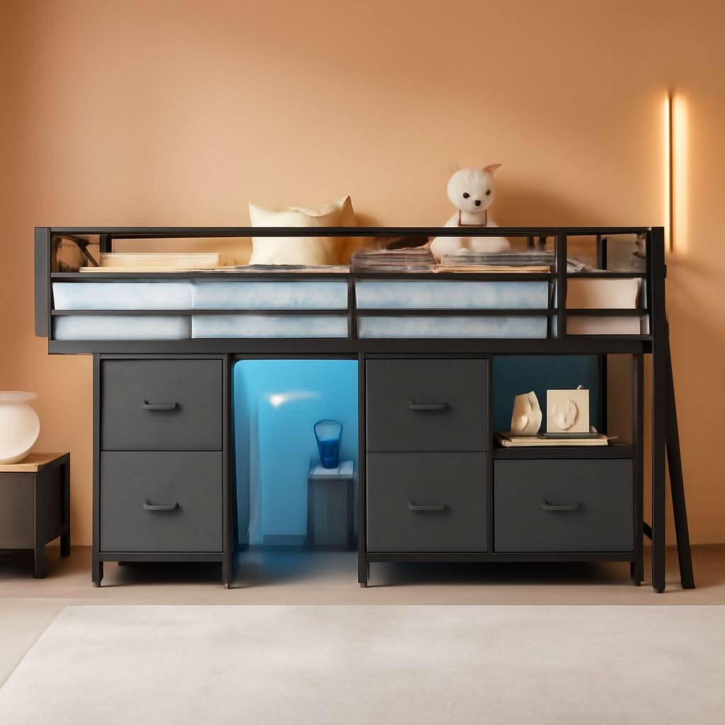 Twin Loft Bed With LED Lights And Storage Drawers Included