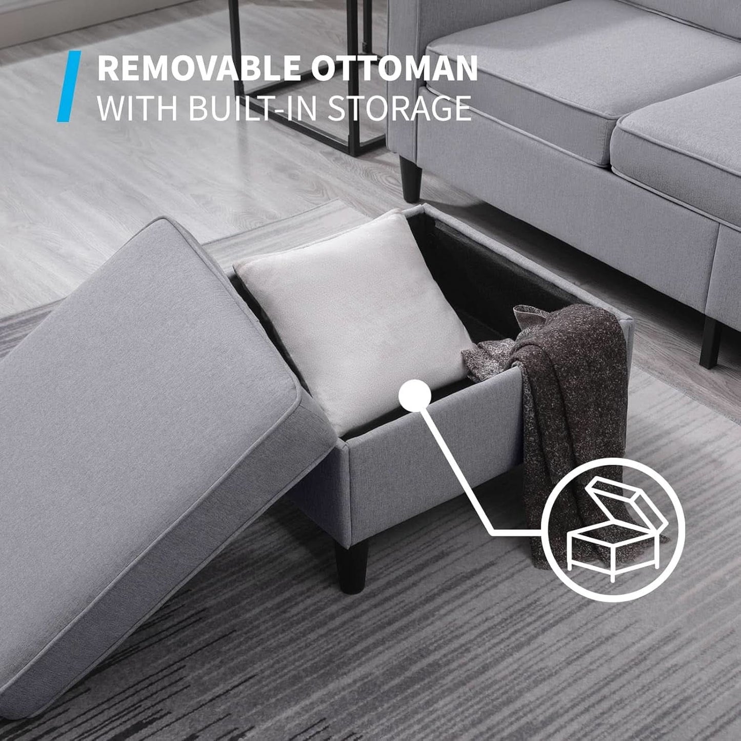 Light Grey Convertible Sofa Set With Storage Ottoman