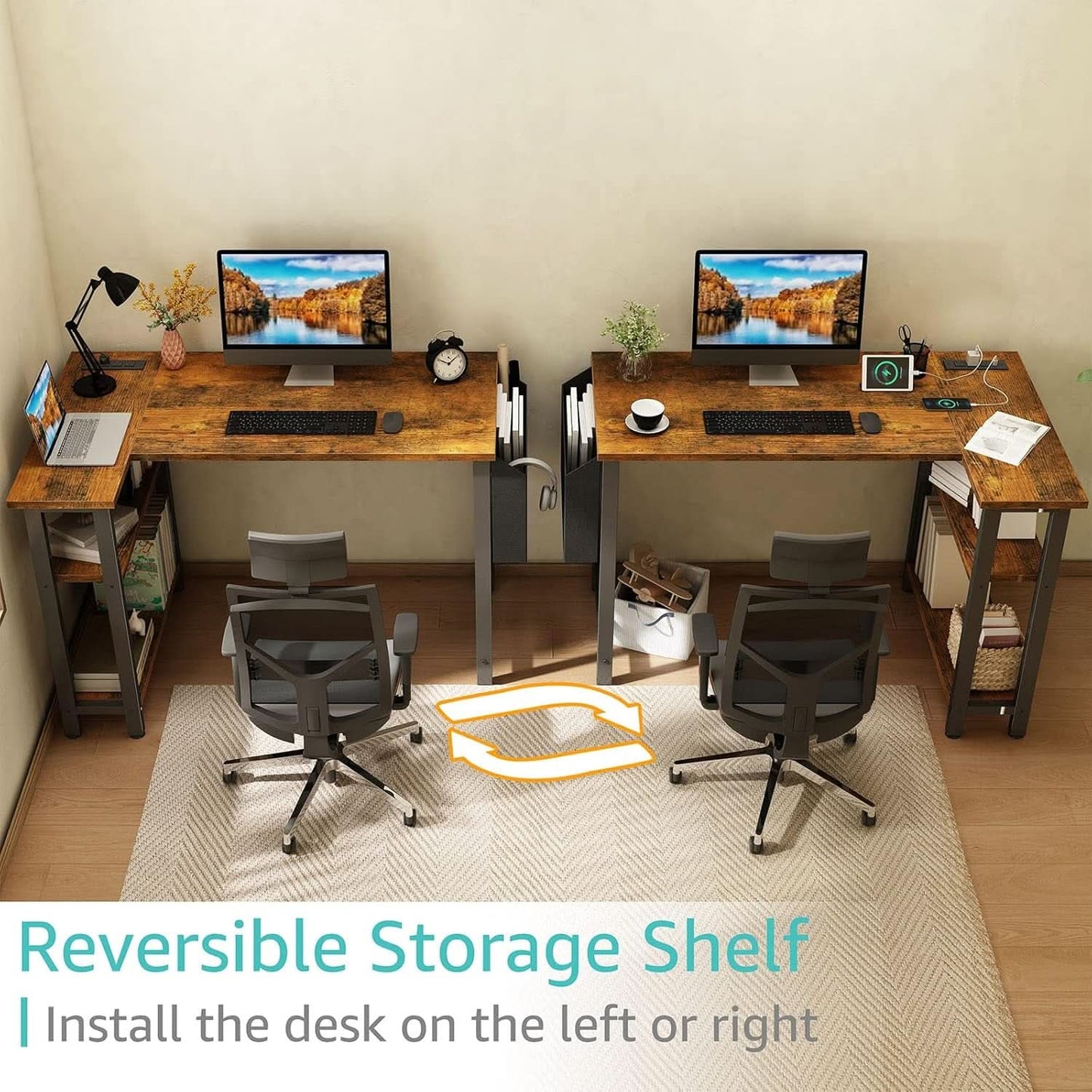40 Inch L Shaped Desk With Power Outlet And Shelves Rustic Brown