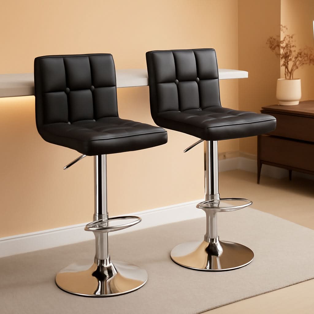 Set Of 2 Adjustable Black PU Leather Swivel Bar Stools