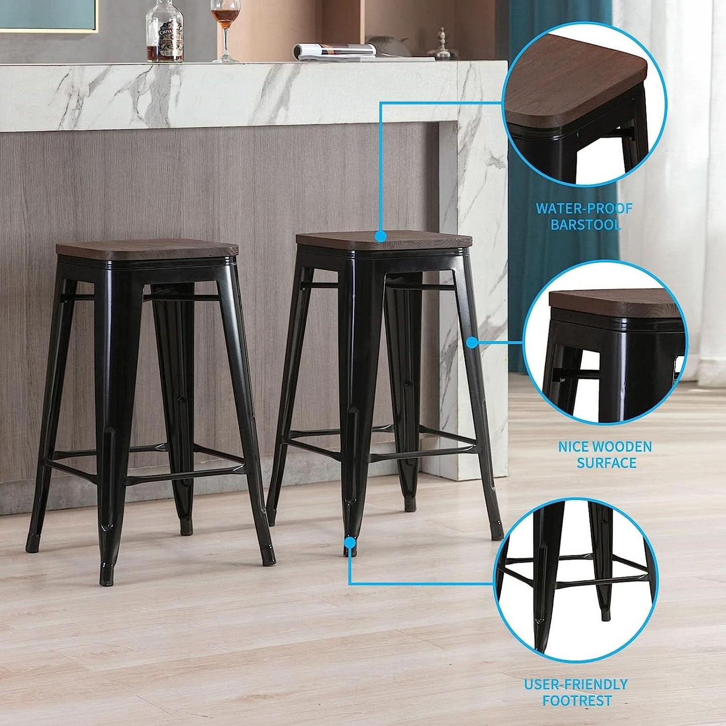 Square Metal Bar Stool Set Of 2, Stackable, 330 Lb Capacity