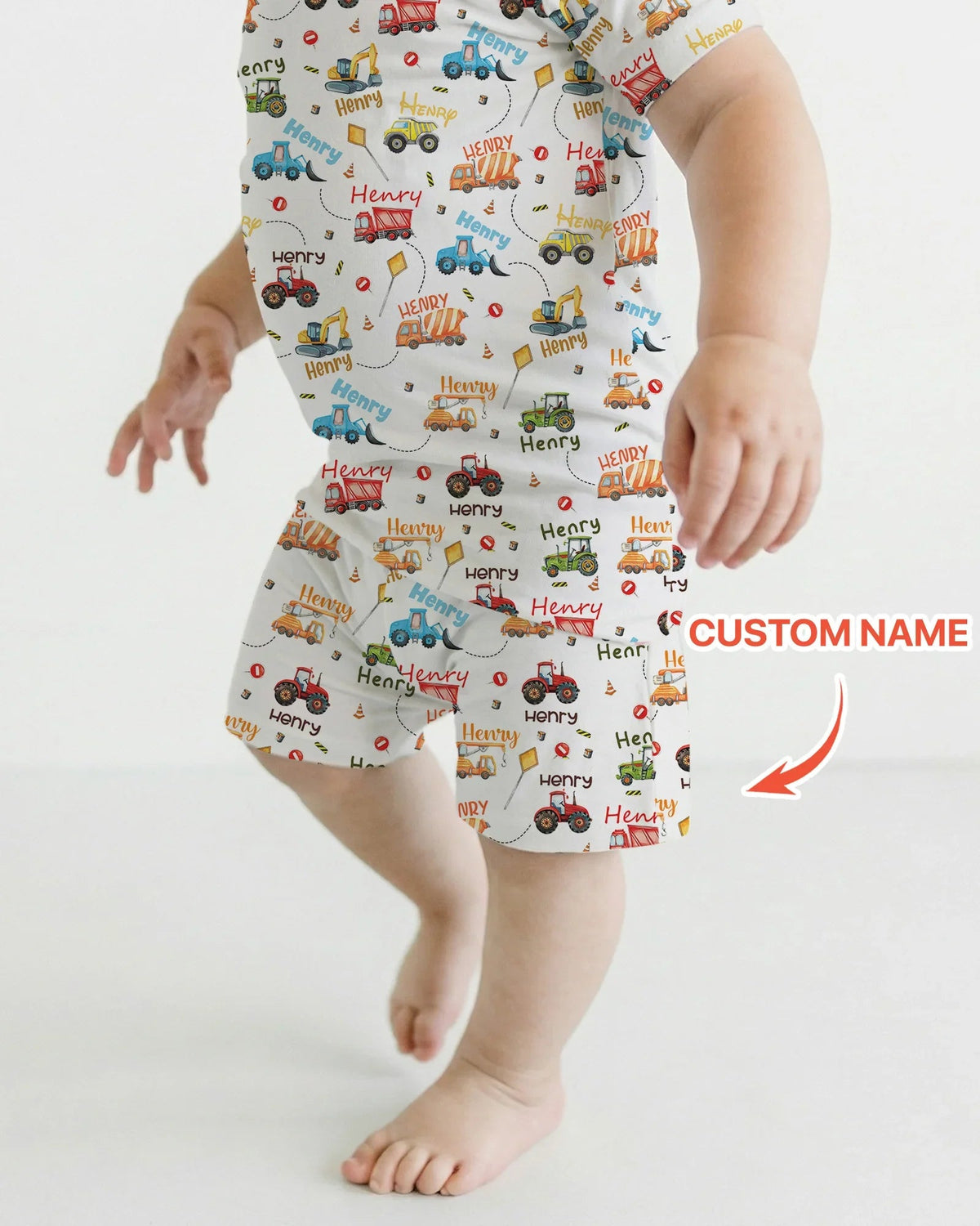 Construction Vehicles Custom Name Two Piece Short Sleeve Shorts Pajama Set