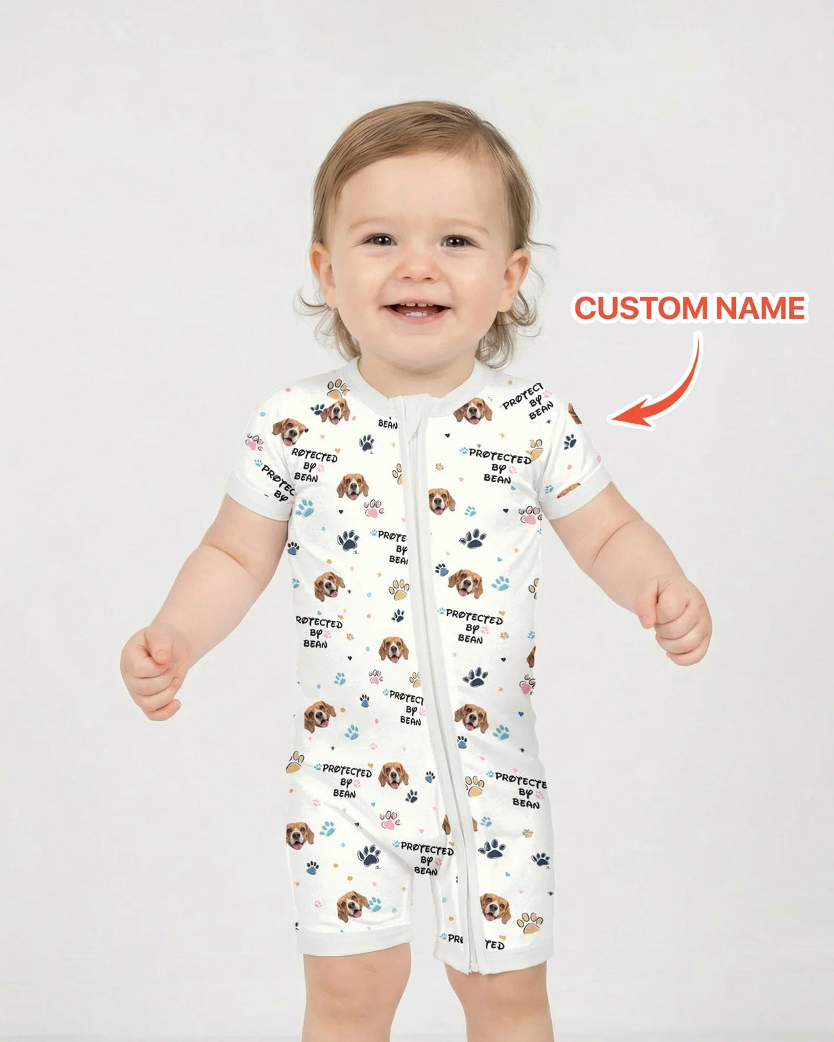 Custom Dog Photo Pattern "Protected By" Shorty Zippered Romper