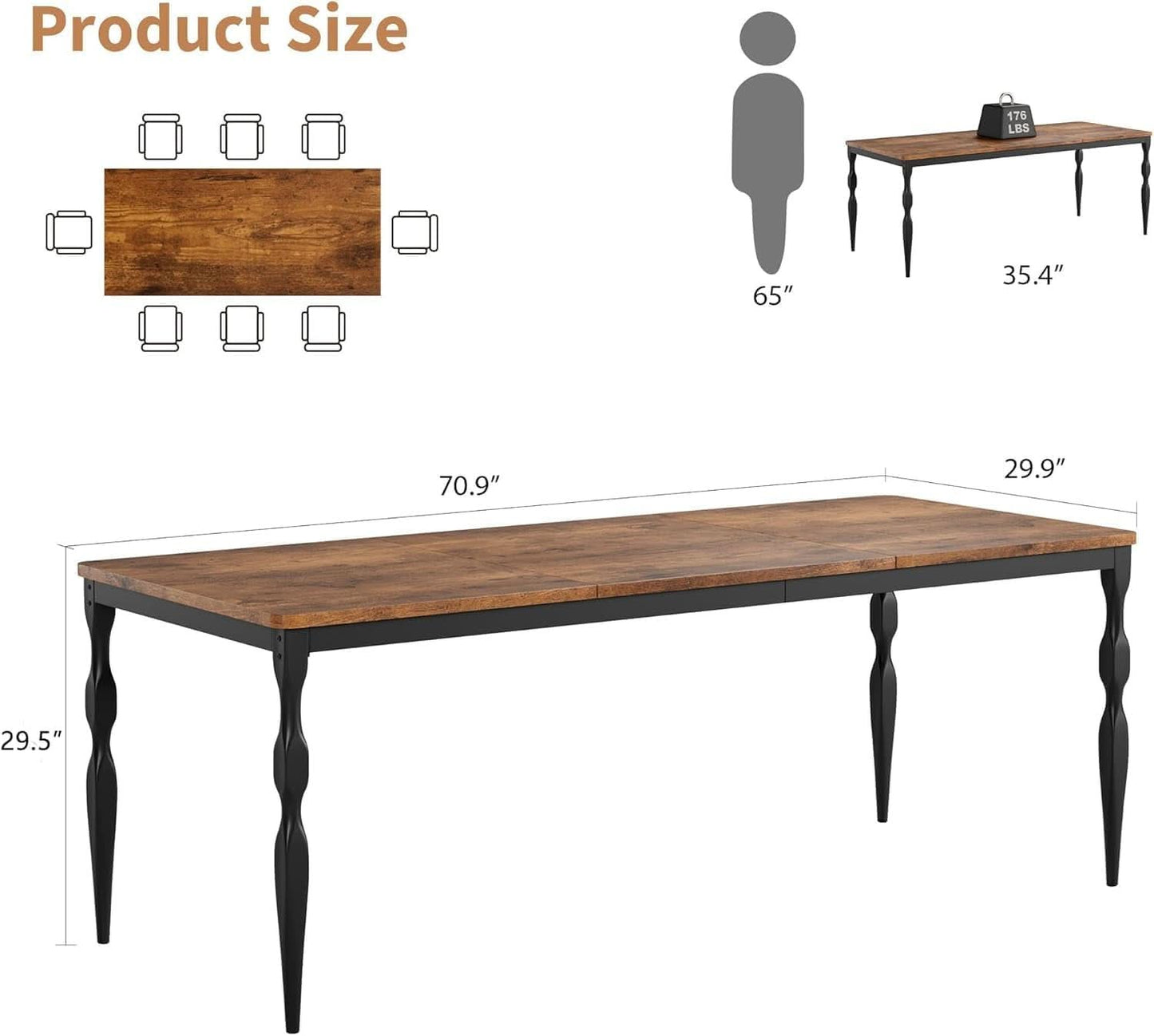 71 Inch Brown Farmhouse Rectangular Dining Table Durable