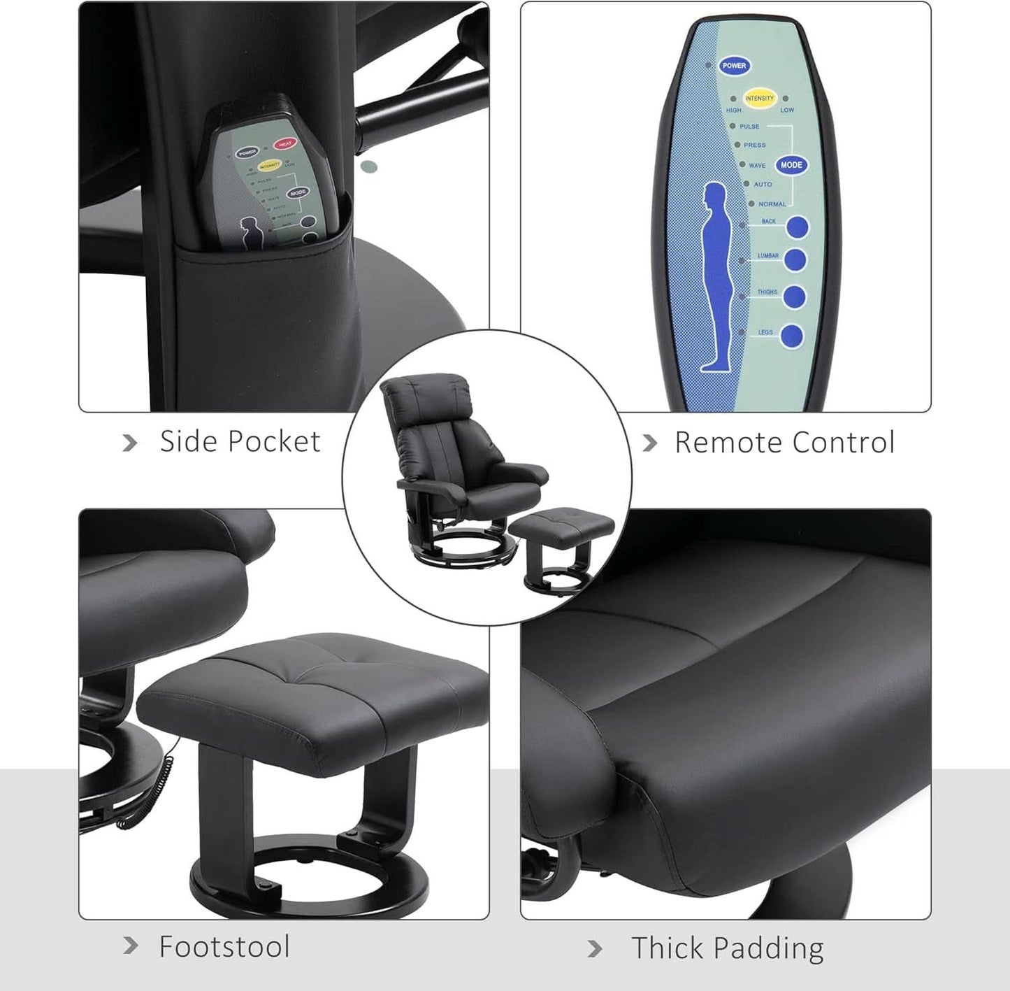 Massage Recliner Chair With Ottoman 360 Degree Swivel Black PU Leather