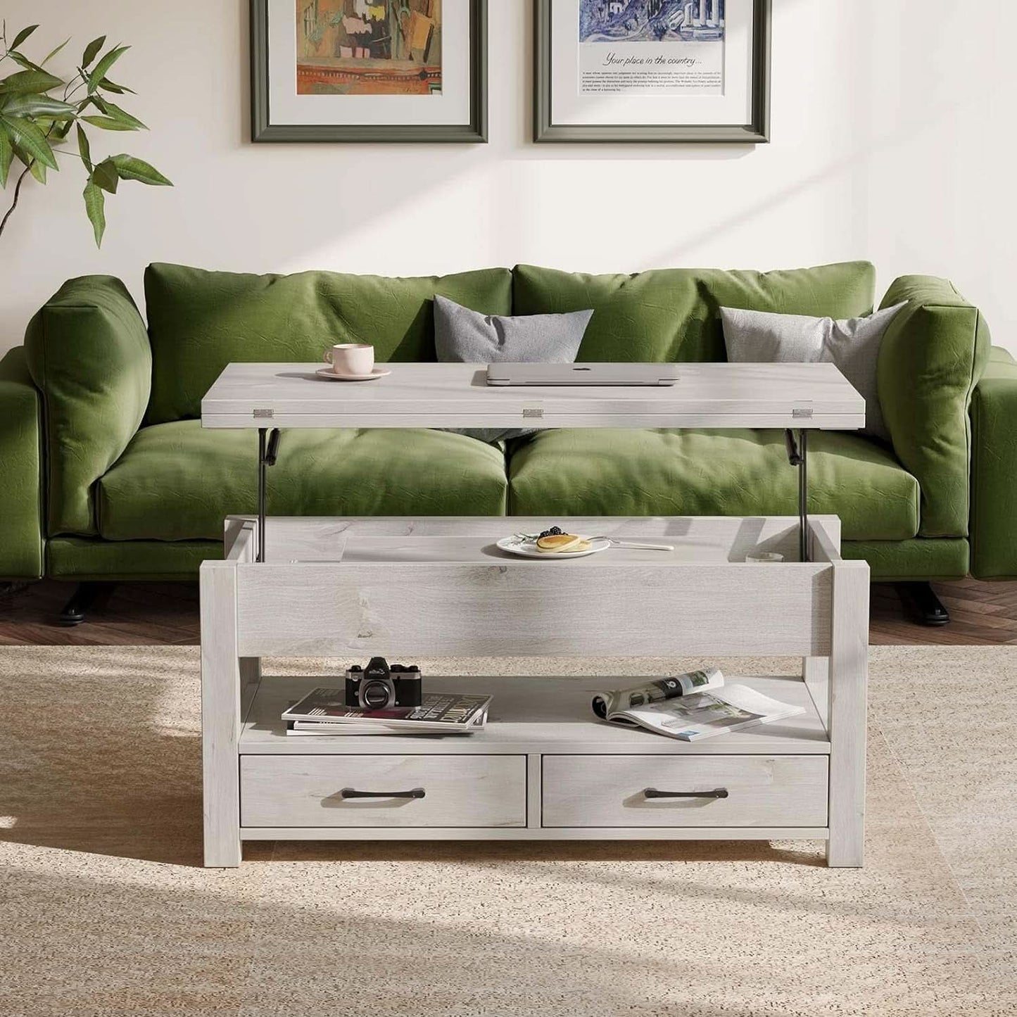 Grey Lift Top Coffee Table With Drawers Hidden Compartment