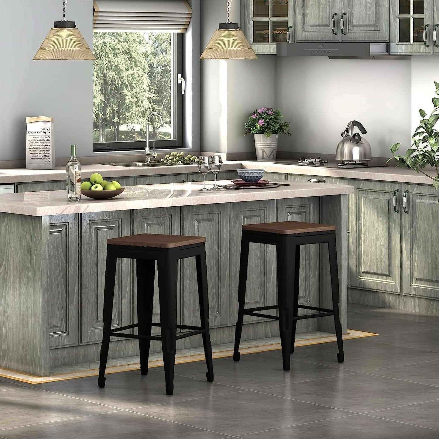 Square Metal Bar Stool Set Of 2, Stackable, 330 Lb Capacity
