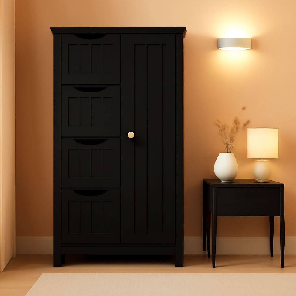 Wooden Bathroom Floor Storage Cabinet With 4 Drawers And Cupboard Freestanding