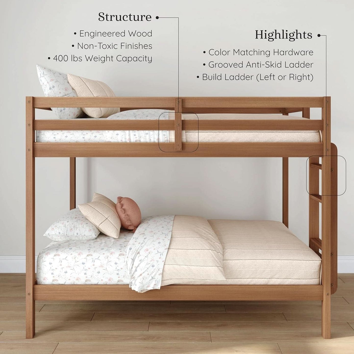 Engineered Wood Twin Over Twin Bunk Bed With Ladder Oak Finish