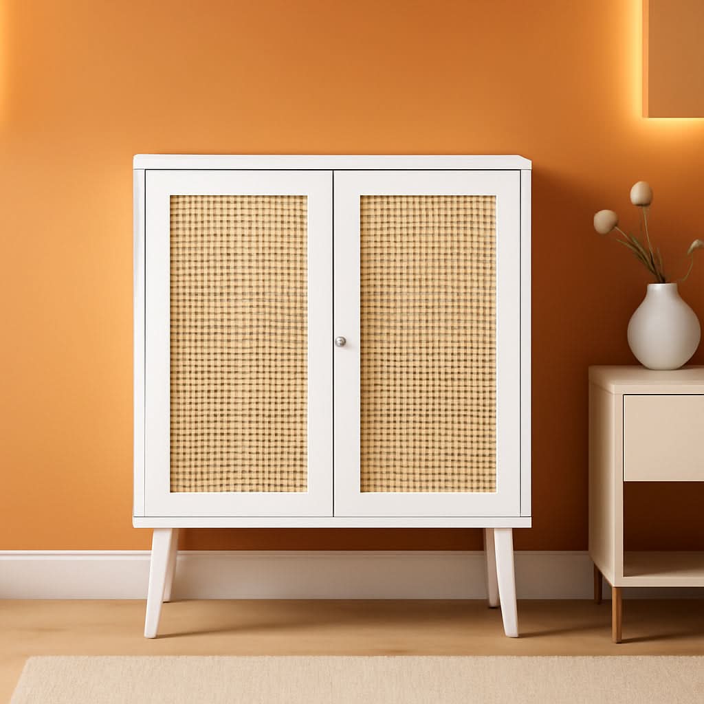 White Buffet Cabinet With Rattan Decor Doors And Storage