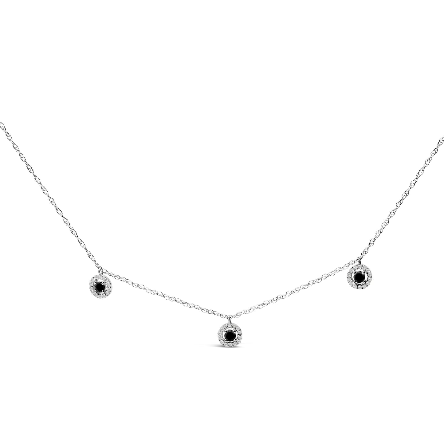 .925 Sterling Silver 5/8 Cttw Black Diamond 3 Station with Halo Necklace