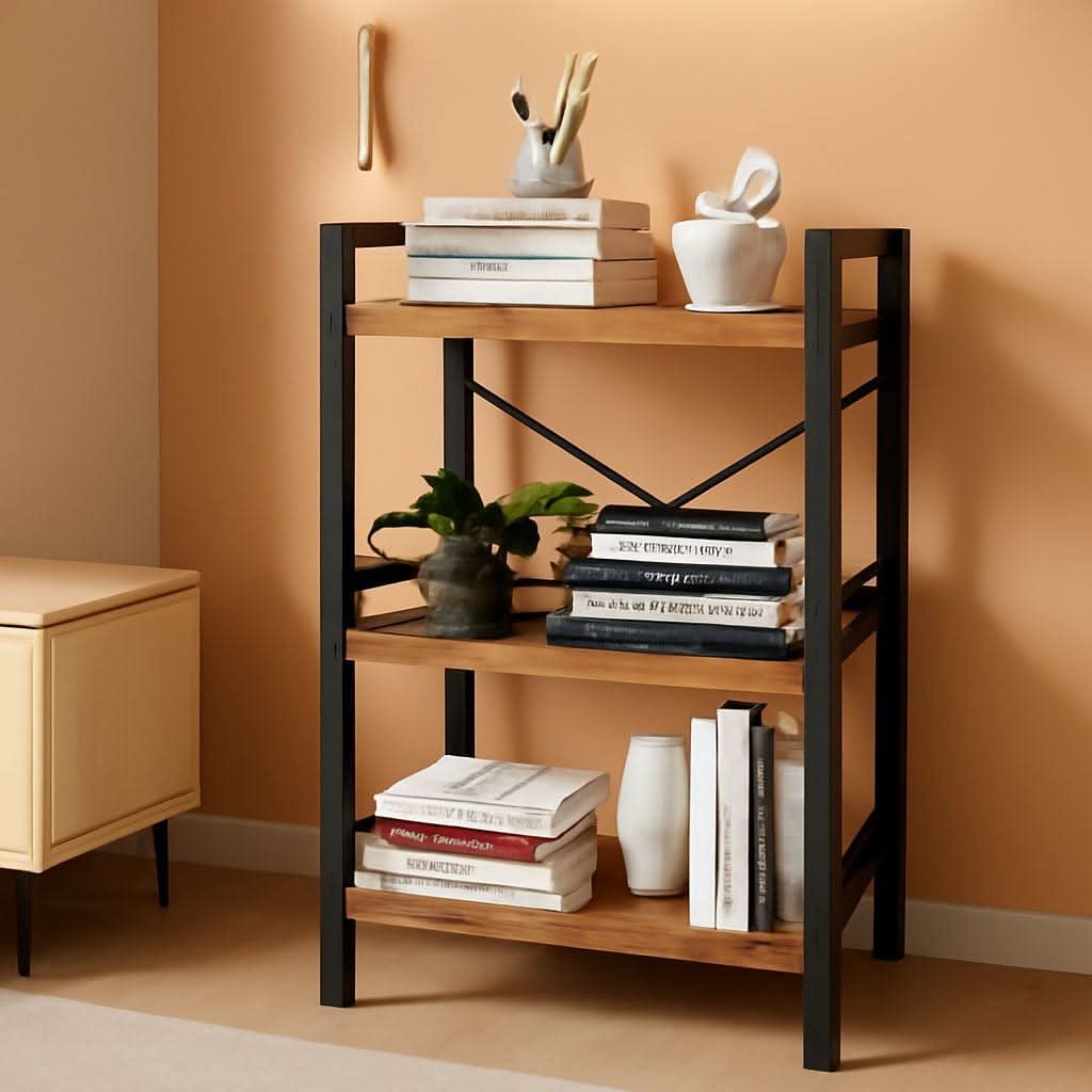 Rustic Brown 3 Tier Metal Bookshelf For Living Room