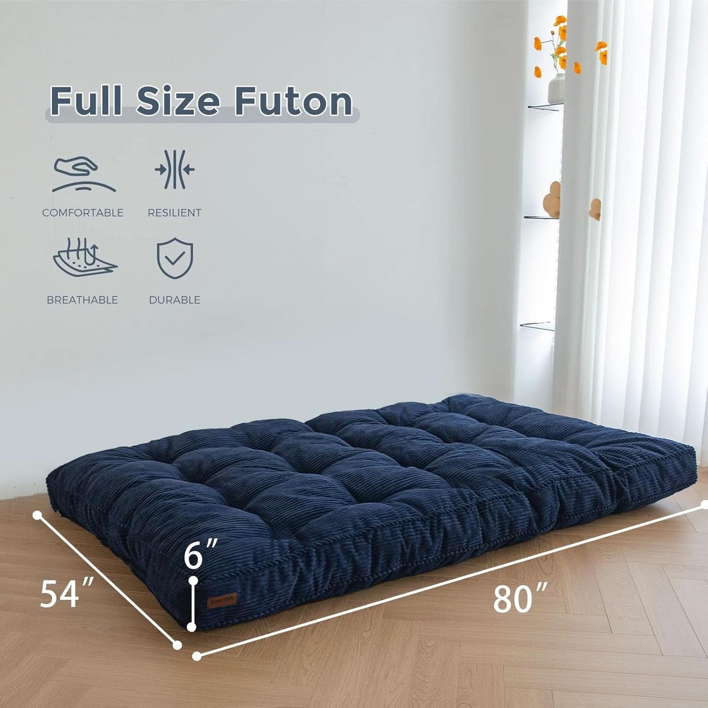 6-Inch Full-Size Futon Mattress Navy Tufted Shredded Foam