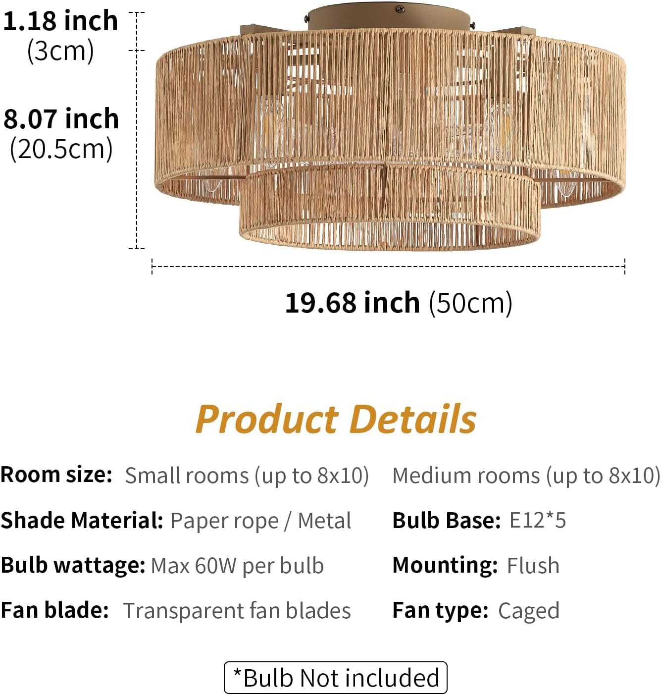 20 Inch Boho Rattan Ceiling Fan With Light And Remote