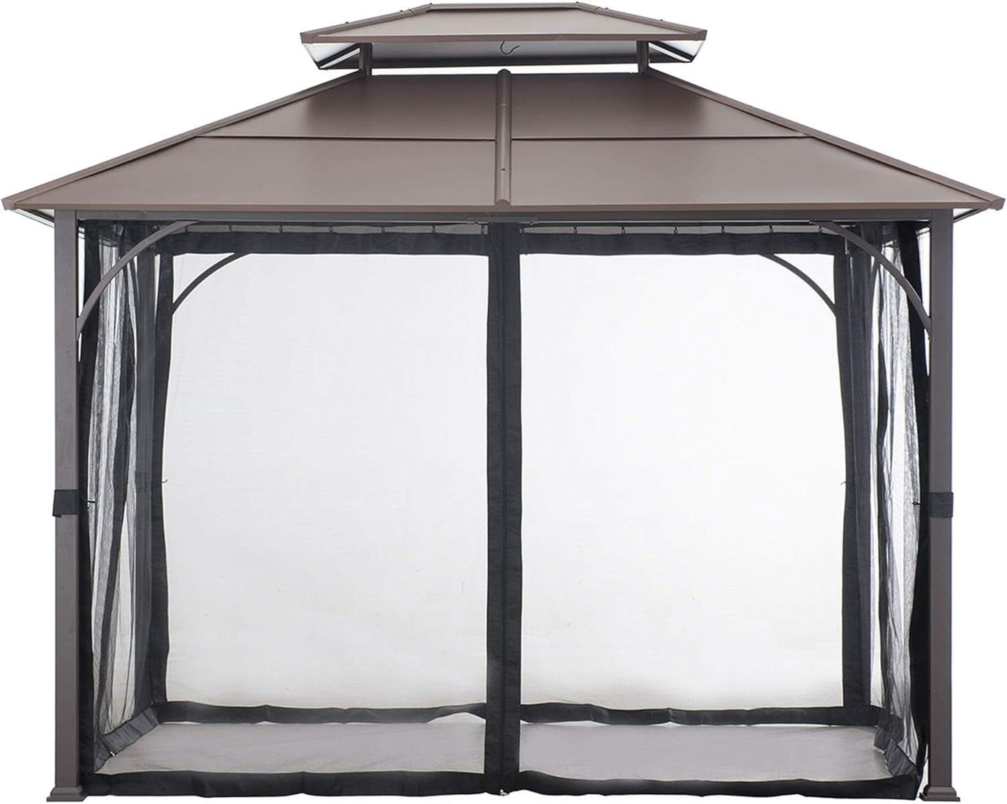 10x12 Brown Hardtop Gazebo With Steel Frame And Netting For Outdoor Patio Garden Canopy Shelter