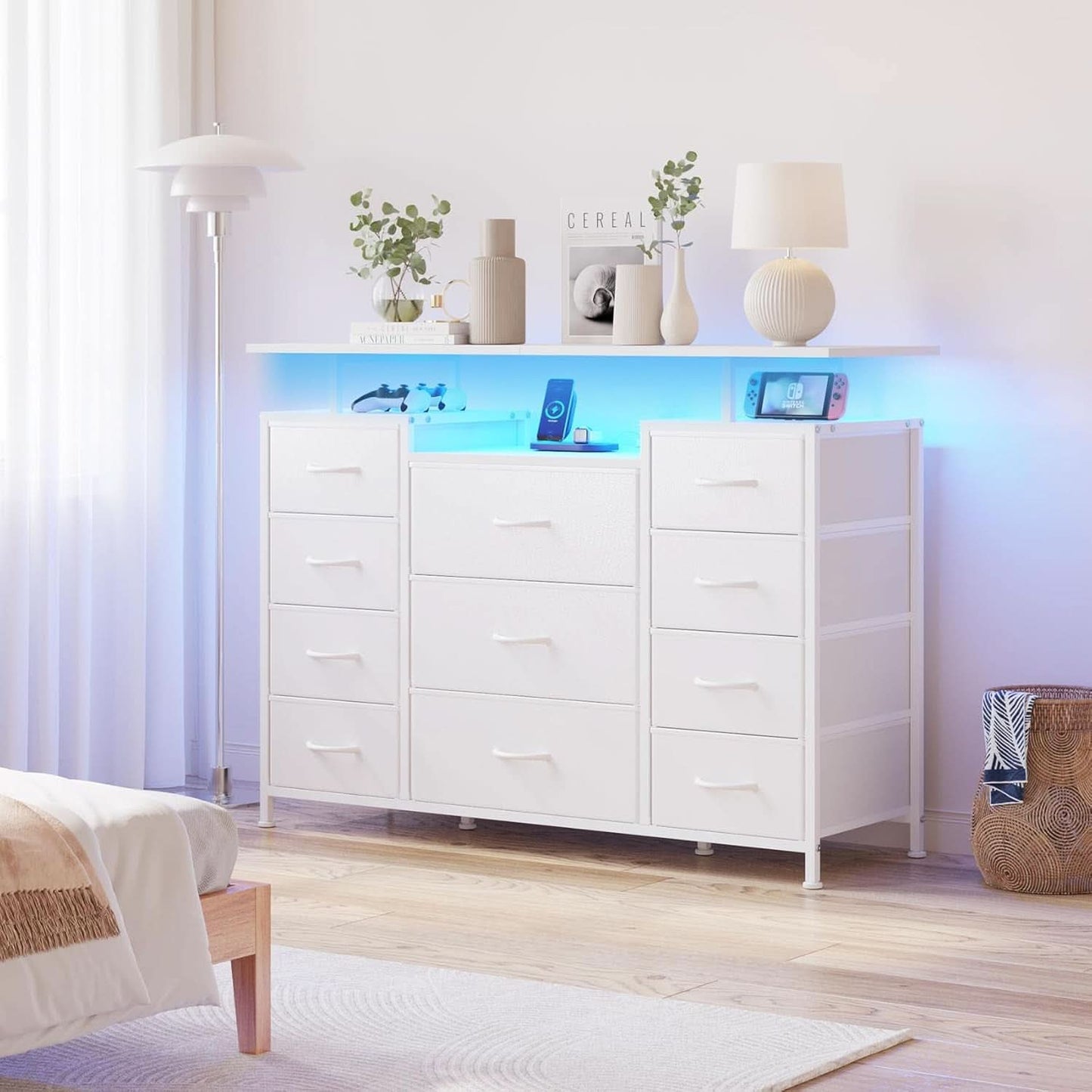 11 Drawer Dresser With Fabric Drawers And Charging Station For Bedroom Storage And Organization