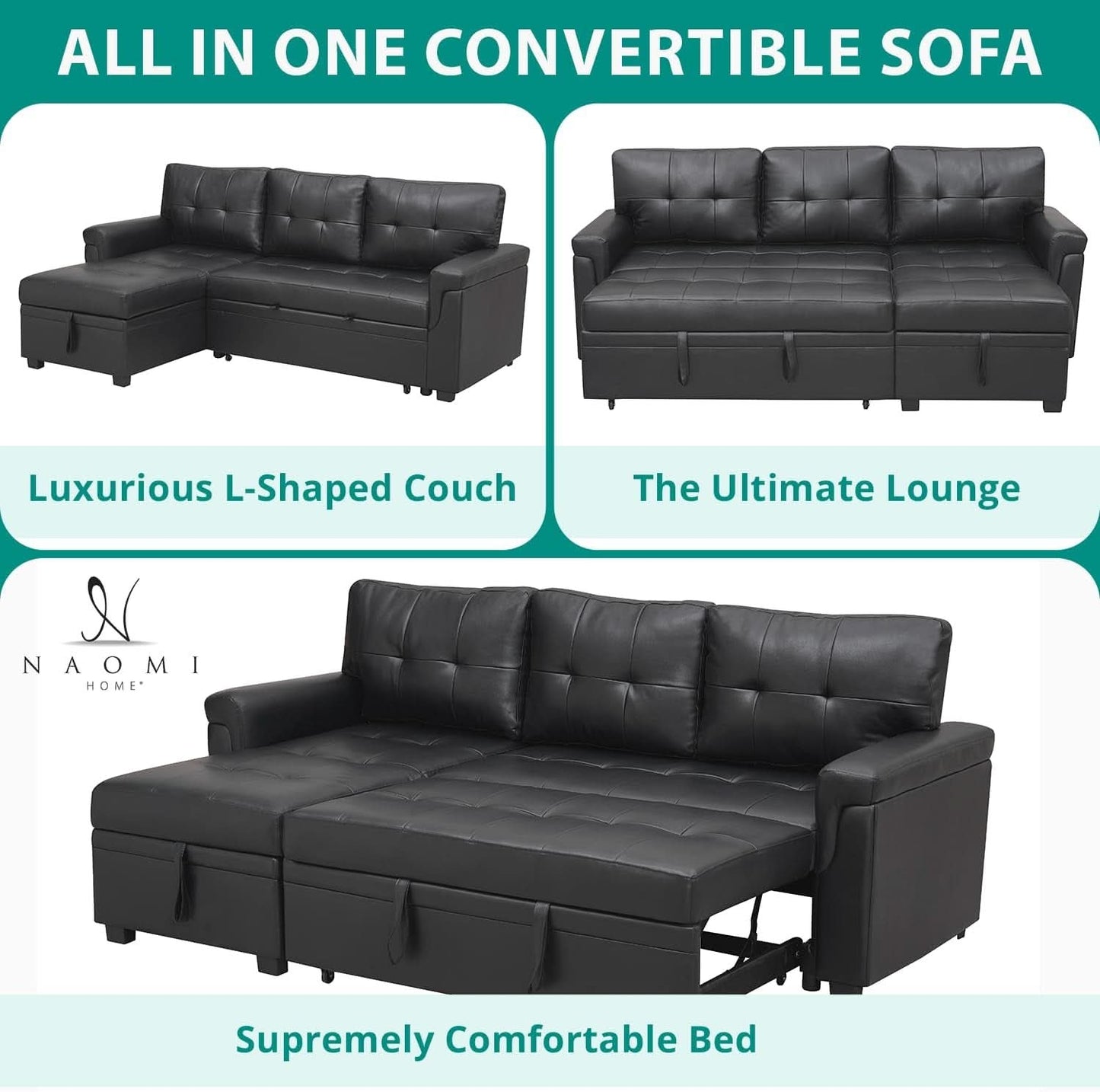 Jenny Sectional Sleeper Sofa With Storage Chaise In Black Air Leather