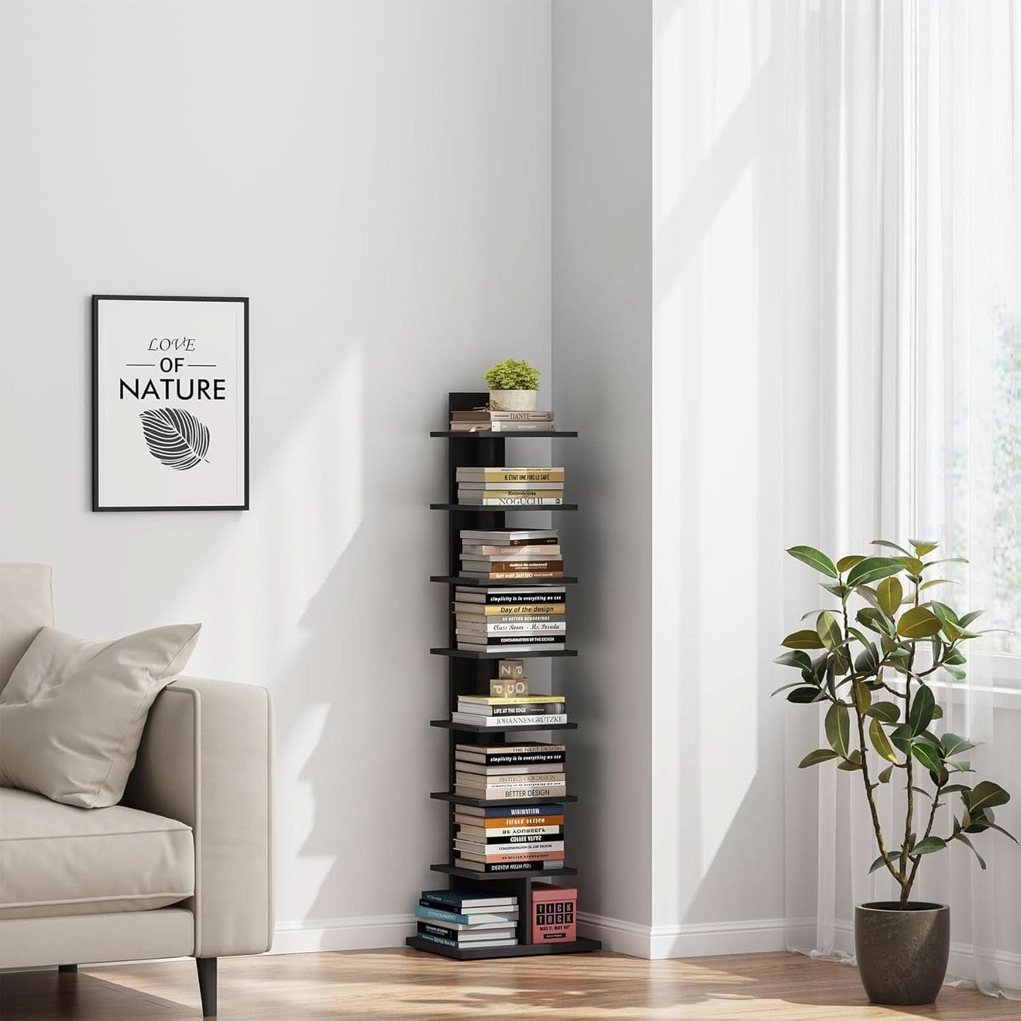 Vertical 8 Tier Bookshelf Black For Small Spaces Bookcase