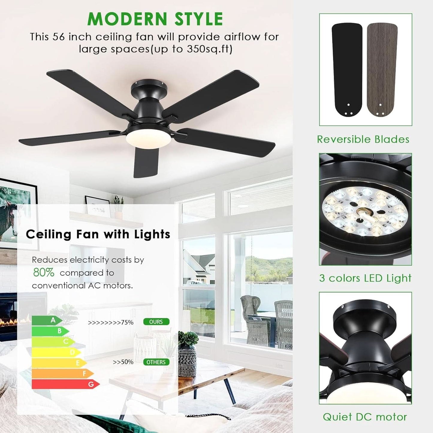 52 Inch Black Ceiling Fan With Lights LED Remote App Control