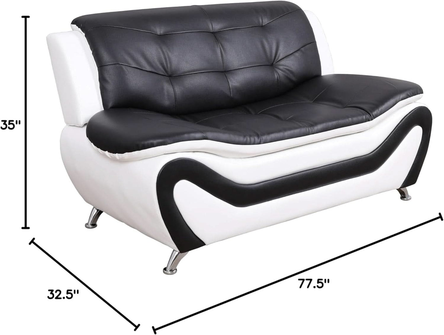 3 Piece Aldo Modern Faux Leather Sofa Set Black And White With Sofa Loveseat And Chair