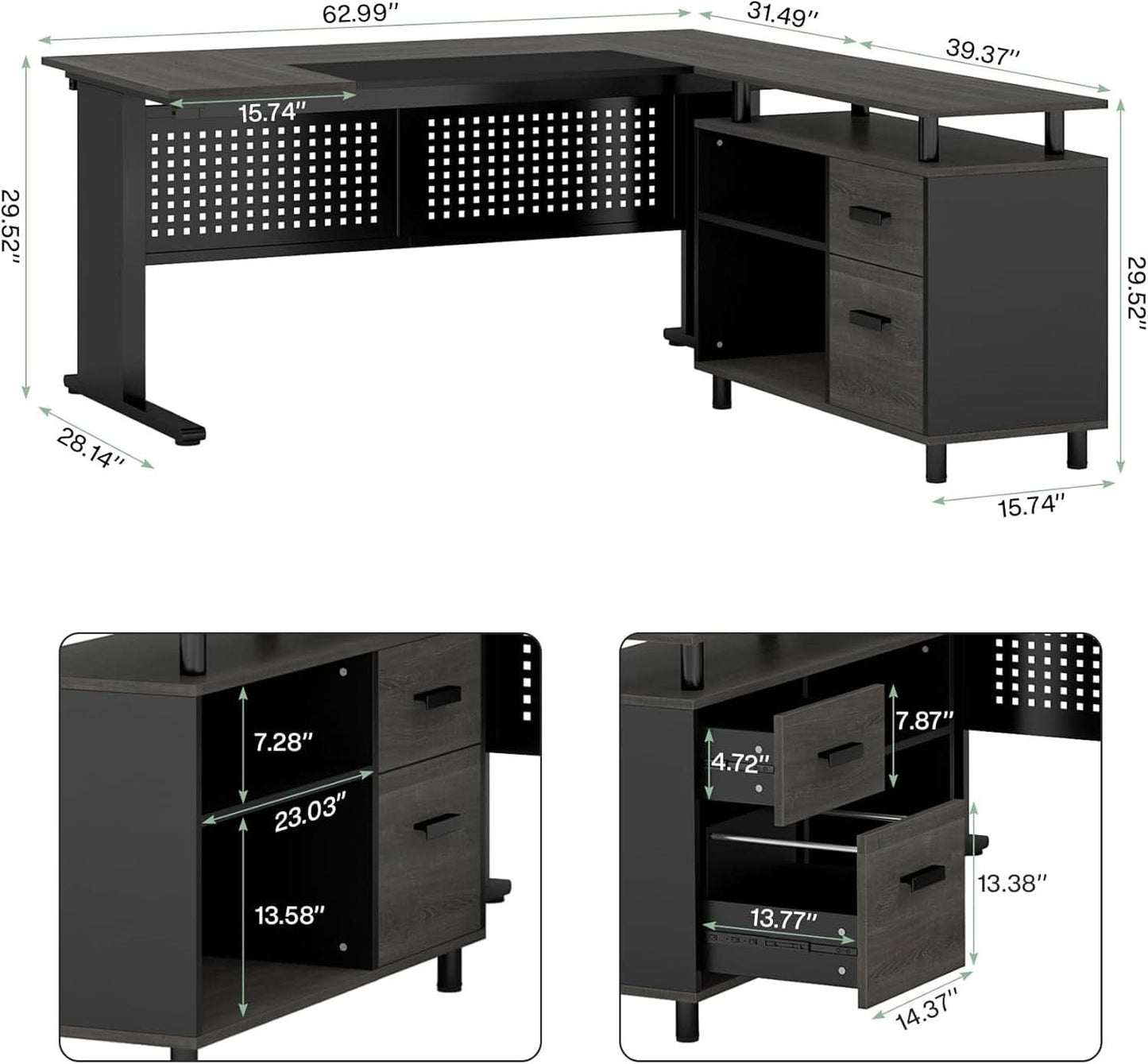 63 Inch Executive Desk With Integrated Cabinet Gray