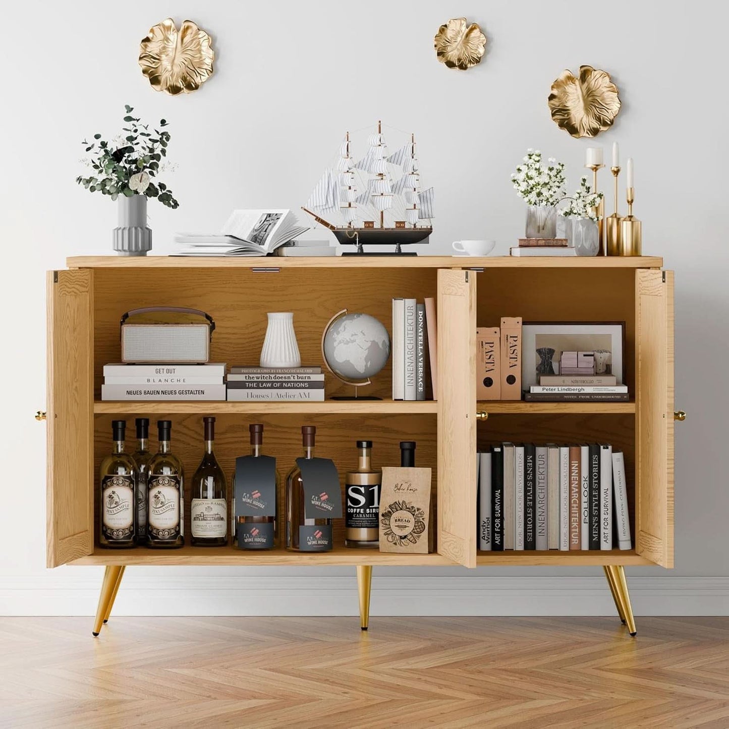 Natural Finish Buffet Cabinet Pair With Rattan Doors