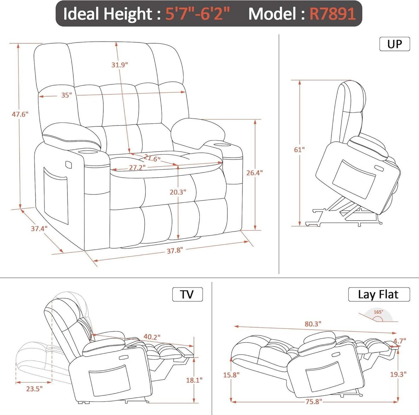 Dark Grey Wide Power Lift Recliner With Massage And USB