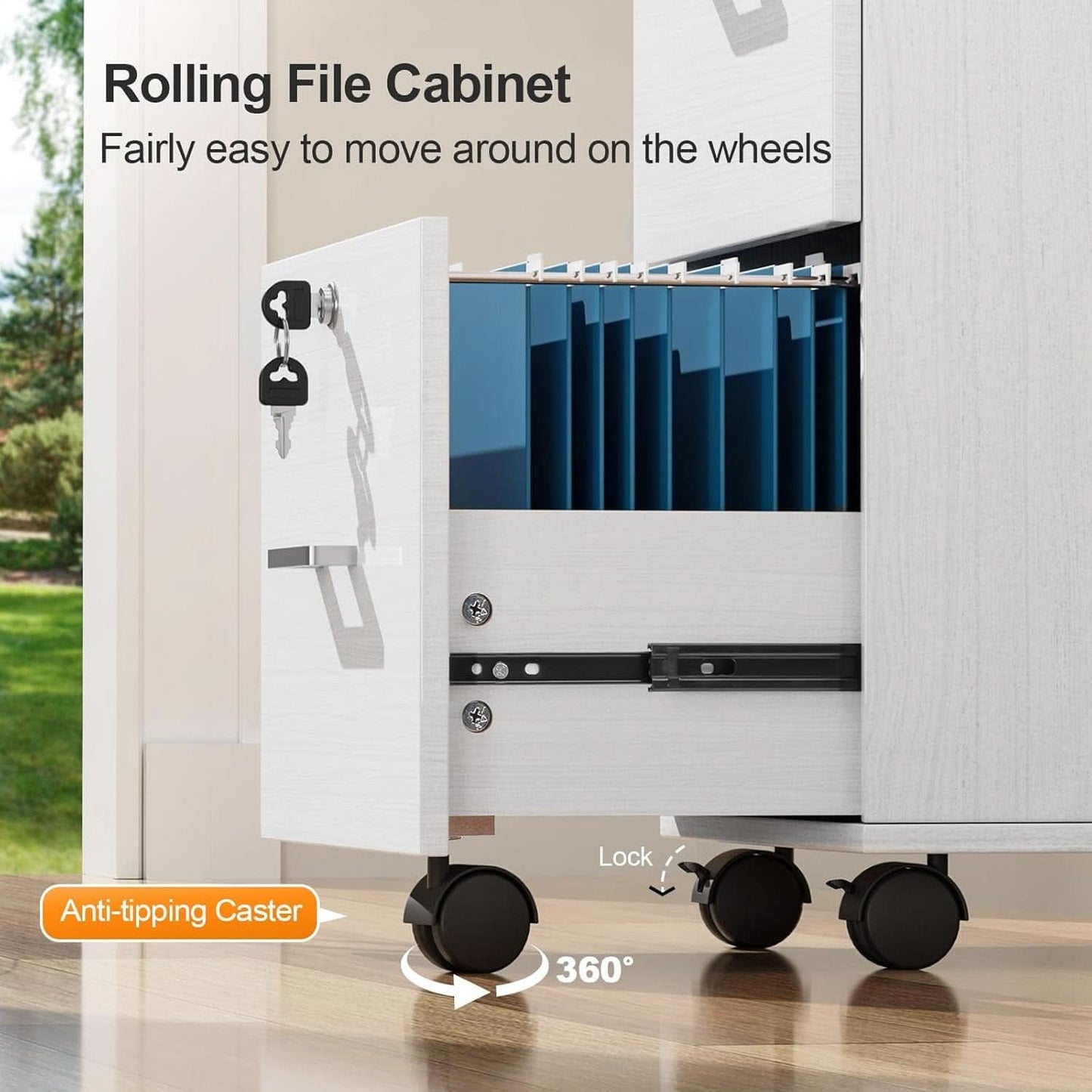 2 Drawer Locking File Cabinet For Letter Size Folders With Tabs, Mobile Under Desk
