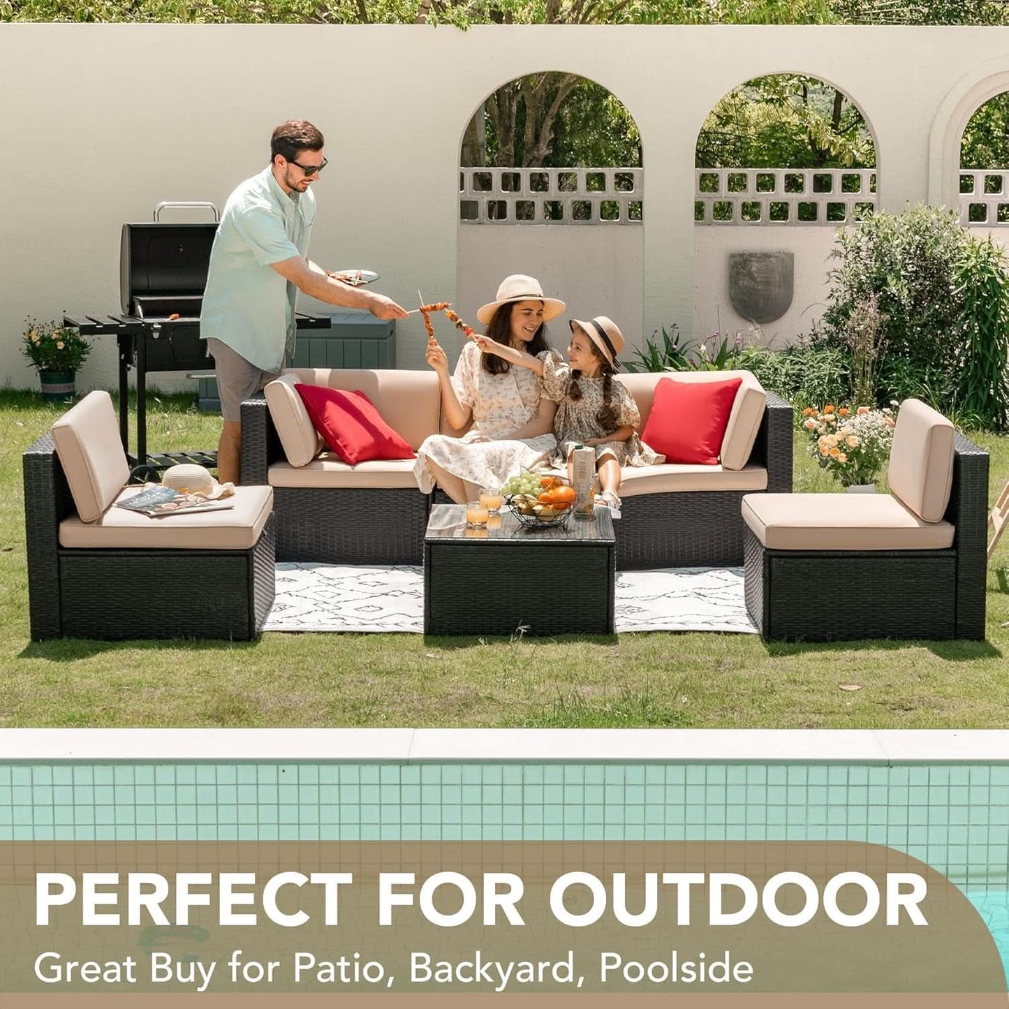 Six Piece Outdoor Rattan Sectional Sofa Set with Cushions