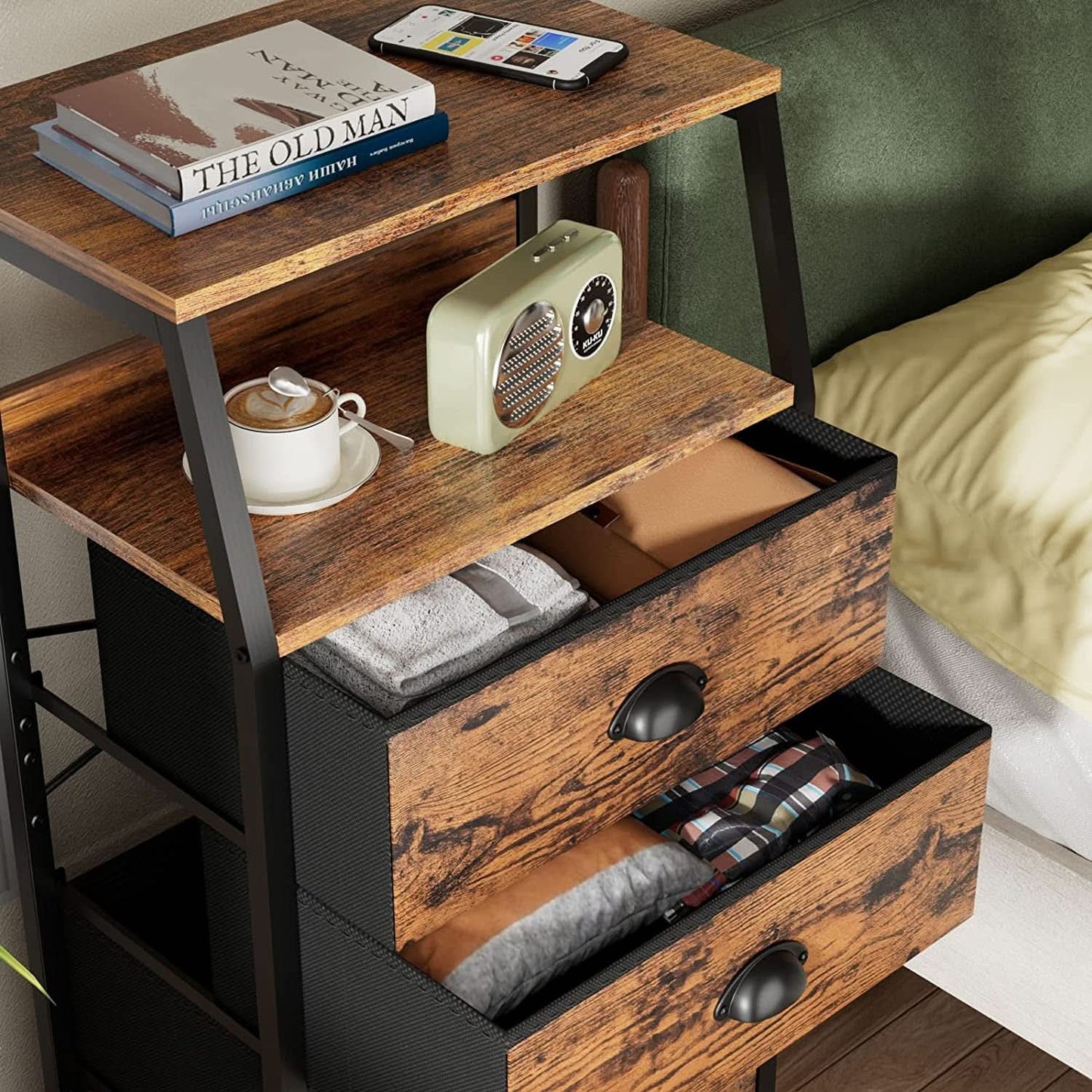 3-Drawer Nightstand With 2-Tier Shelf And Wood Top Bedroom