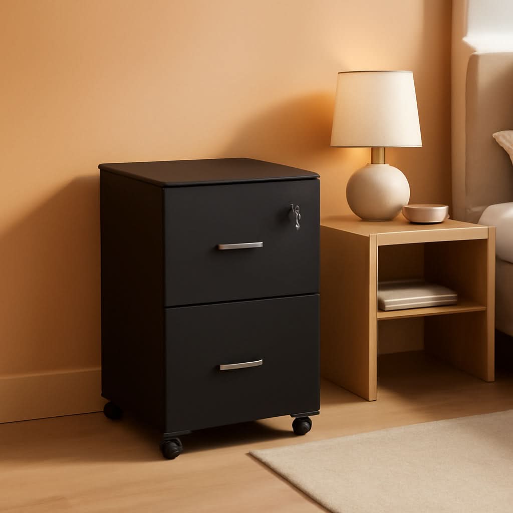 Two Drawer File Cabinet For Home Office A4 Size Black Honey Finish Space Saving Design