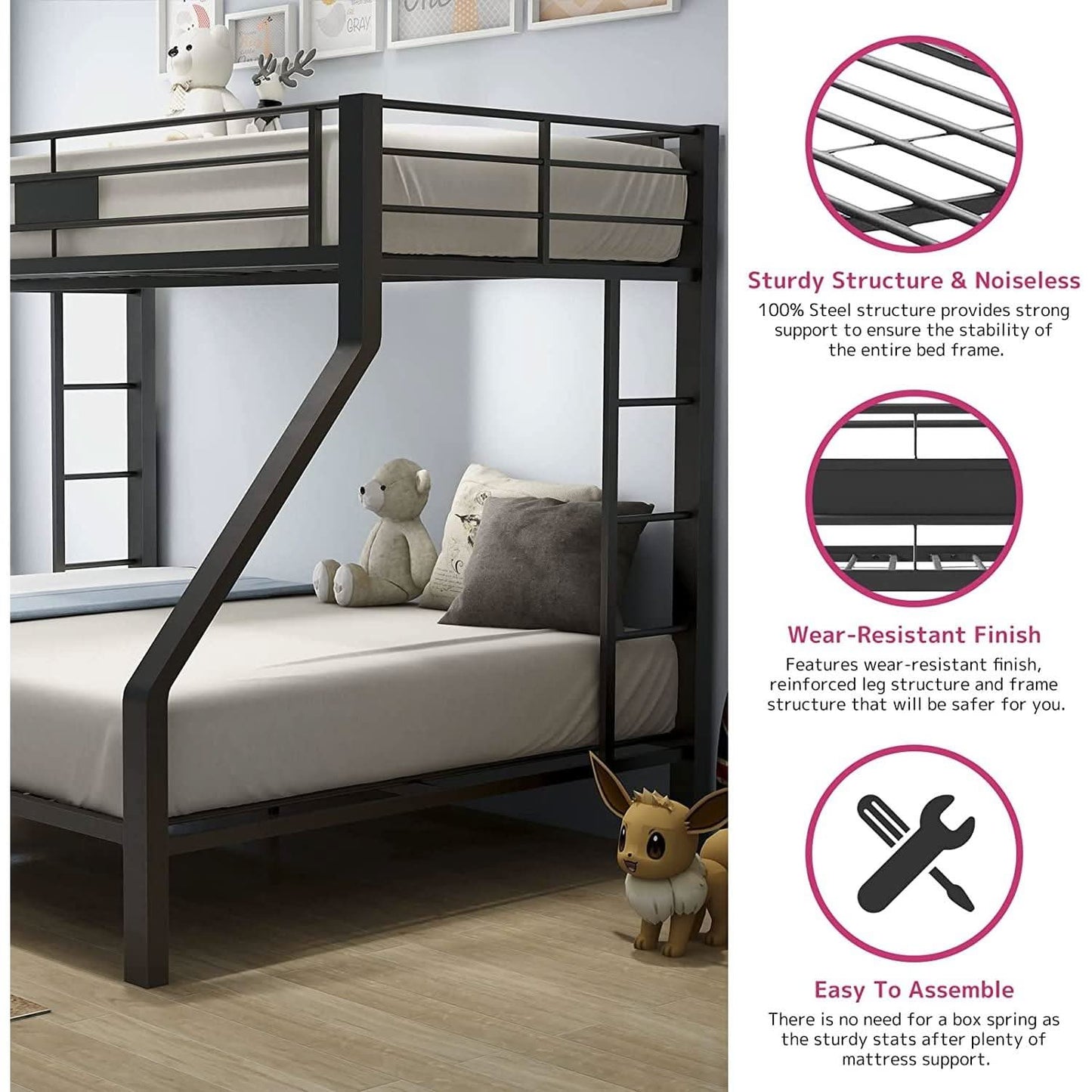 Twin XL Queen Bunk Bed In Sandy Black Finish Metal Slats