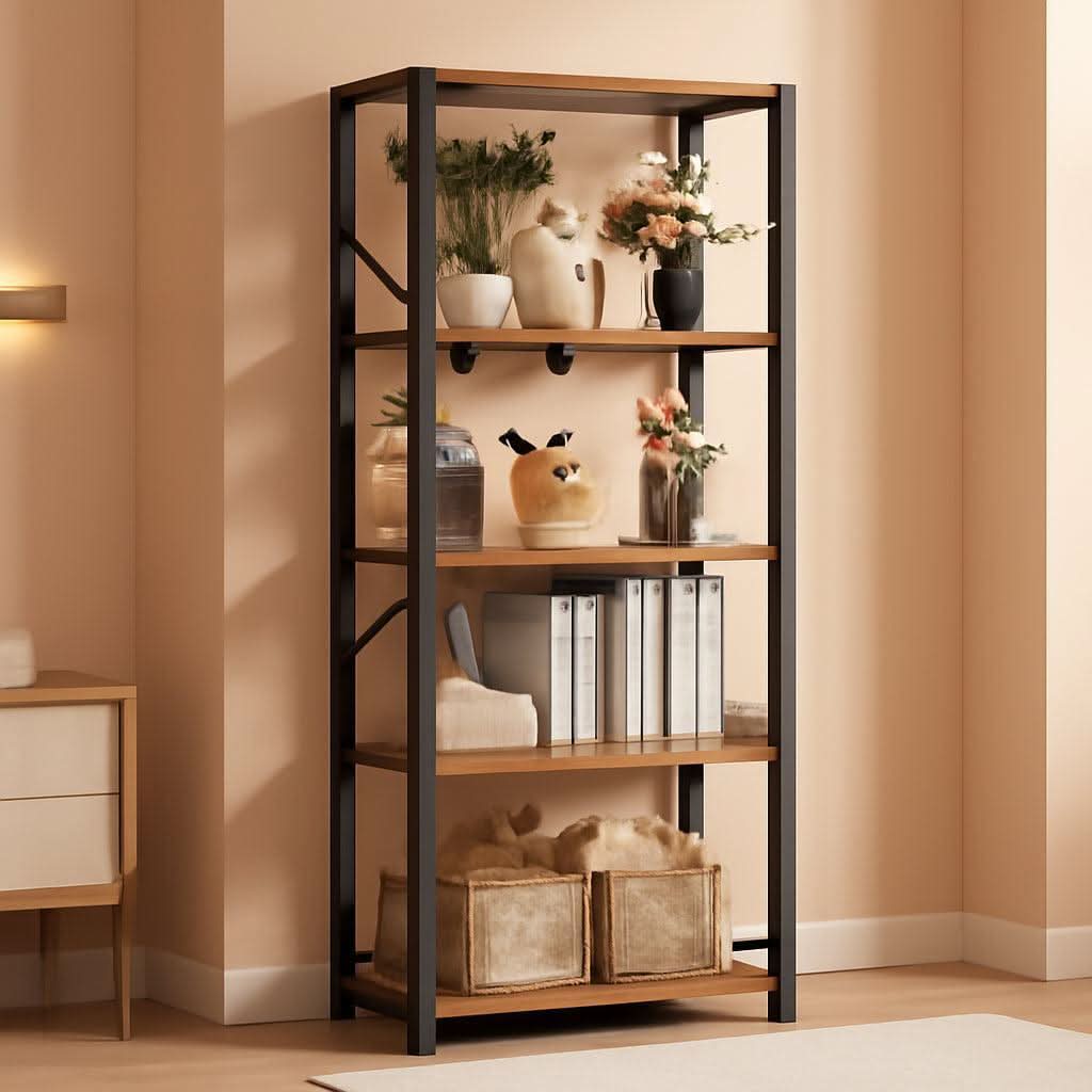 Tall Industrial Bookcase 6 Tier Rustic Brown Storage