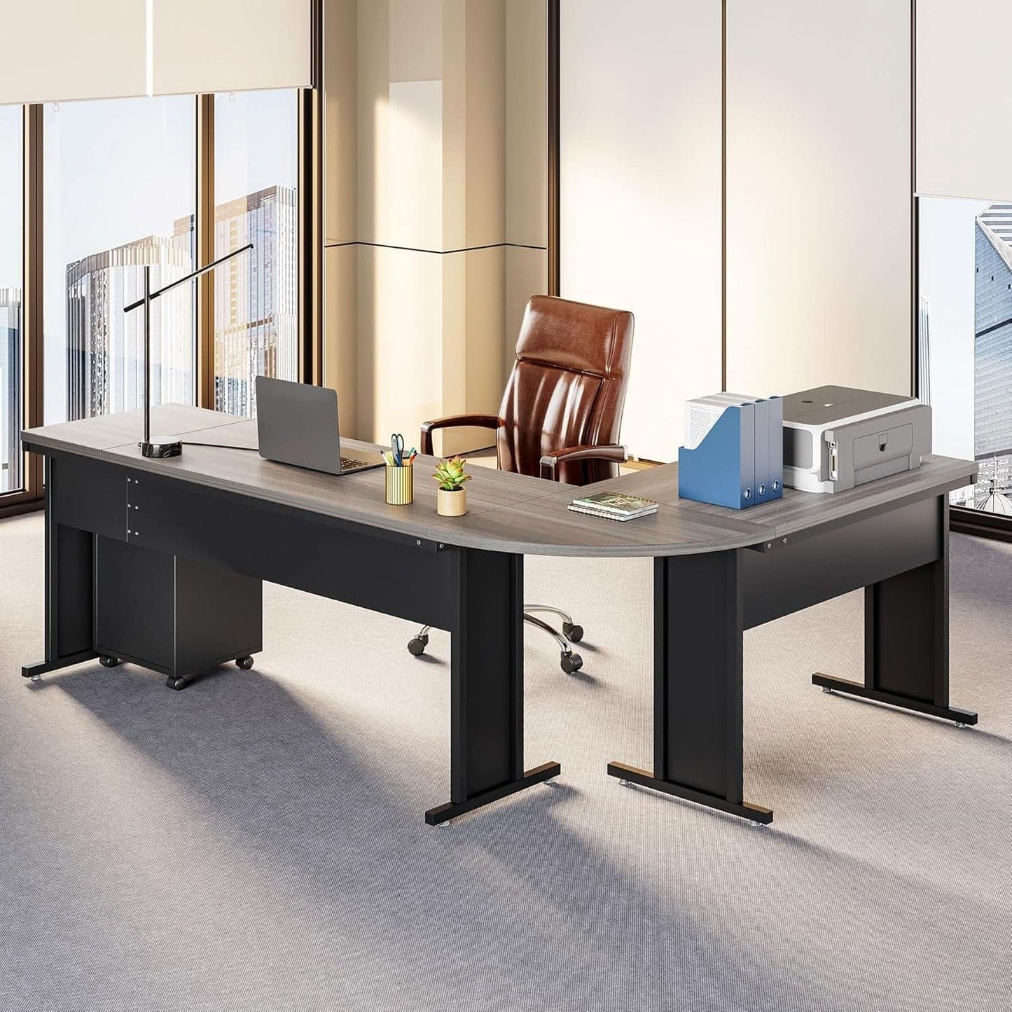 83in Gray Farmhouse L Shaped Desk With Mobile File Cabinet