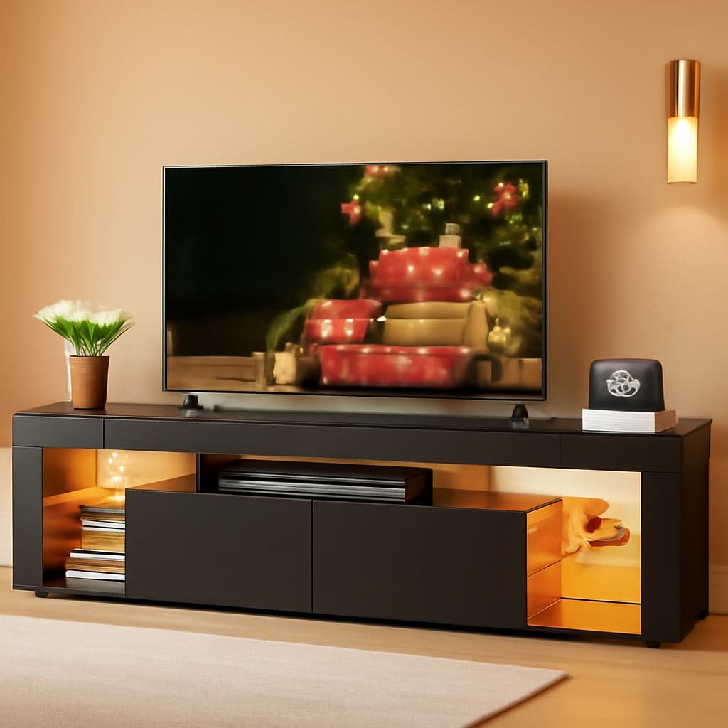 63 Inch Black LED TV Stand With 2 Drawers For Living Room