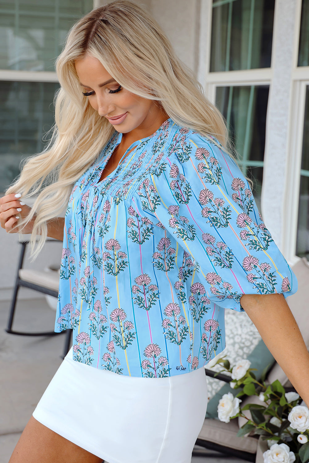 Kinley Floral Shirred Yoke Split Neck Blouse
