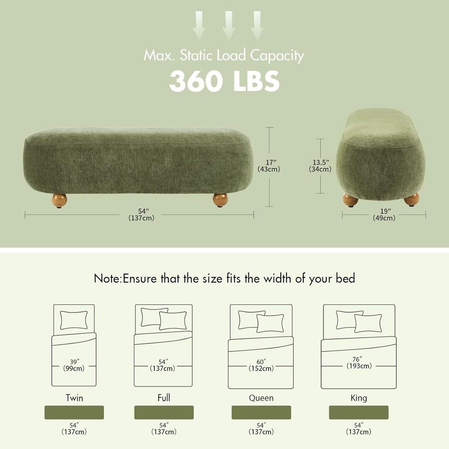 54-Inch Green Velvet EndOfBed Bench Cushioned Seat