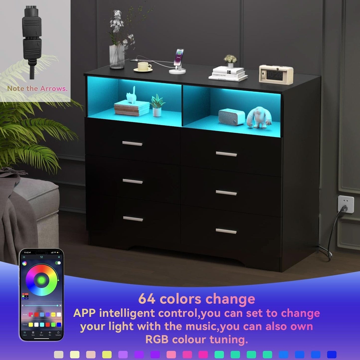Black Dresser With Power Outlets And LED Lights 6 Drawers