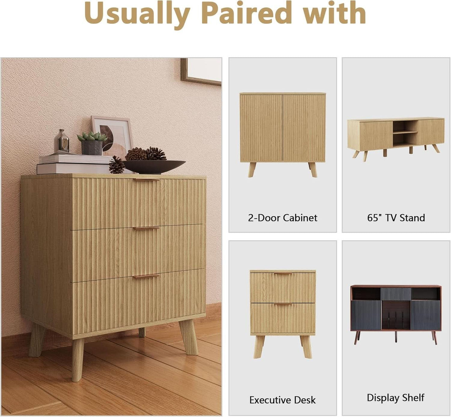 Fluted 3 Drawer Dresser Natural Wood Storage For Bedroom