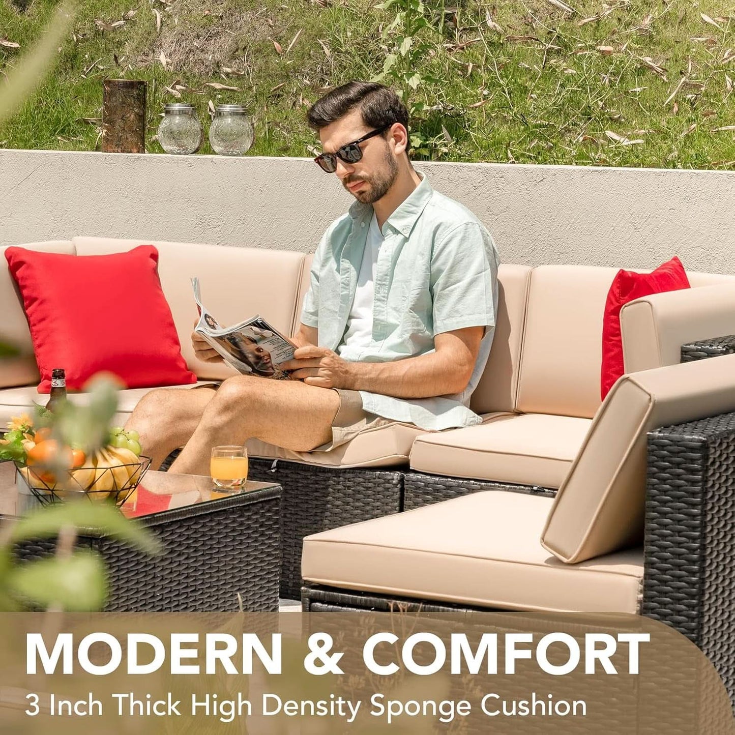 Six Piece Outdoor Rattan Sectional Sofa Set with Cushions