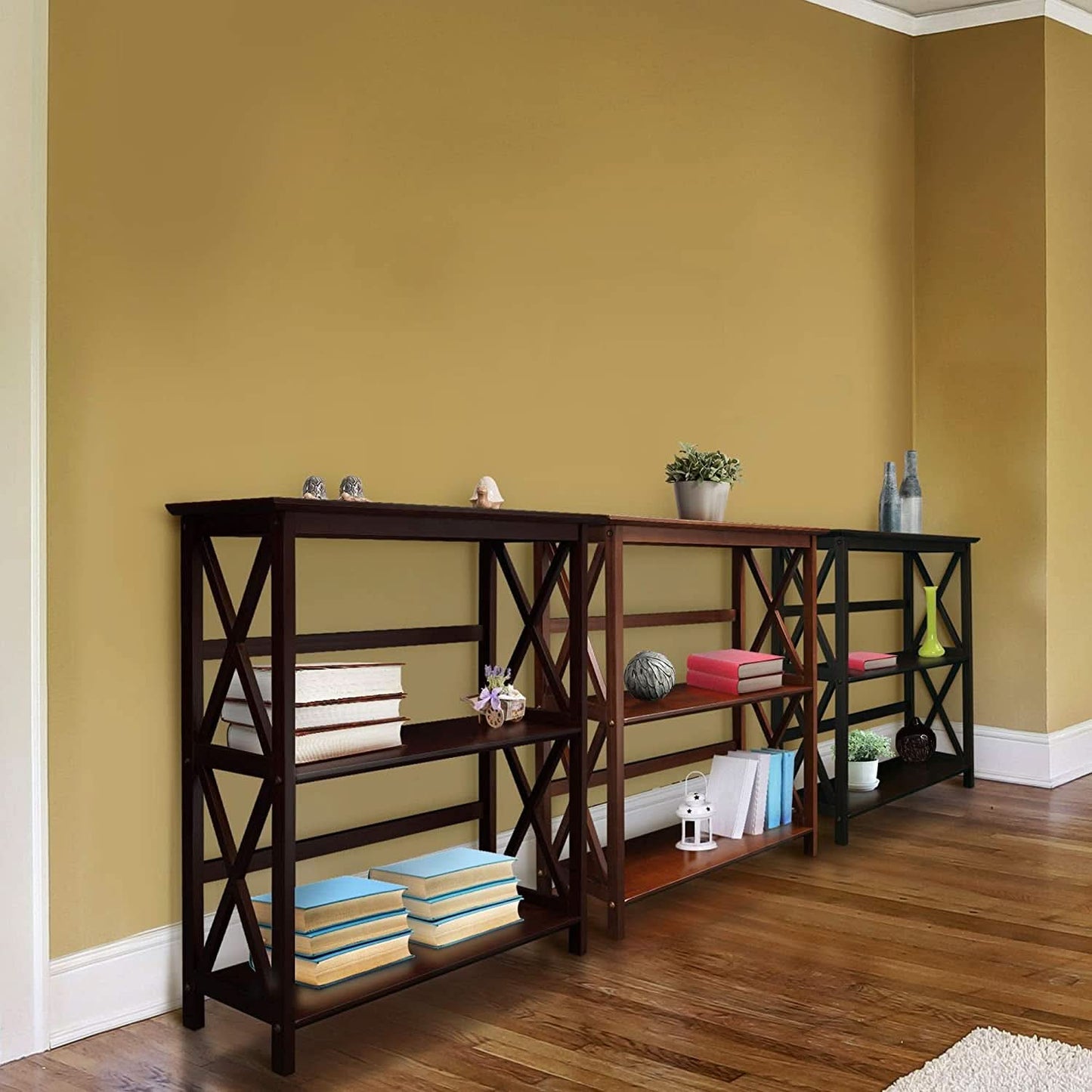 Shelf Bookcase With X Design Three Shelf Storage For Books