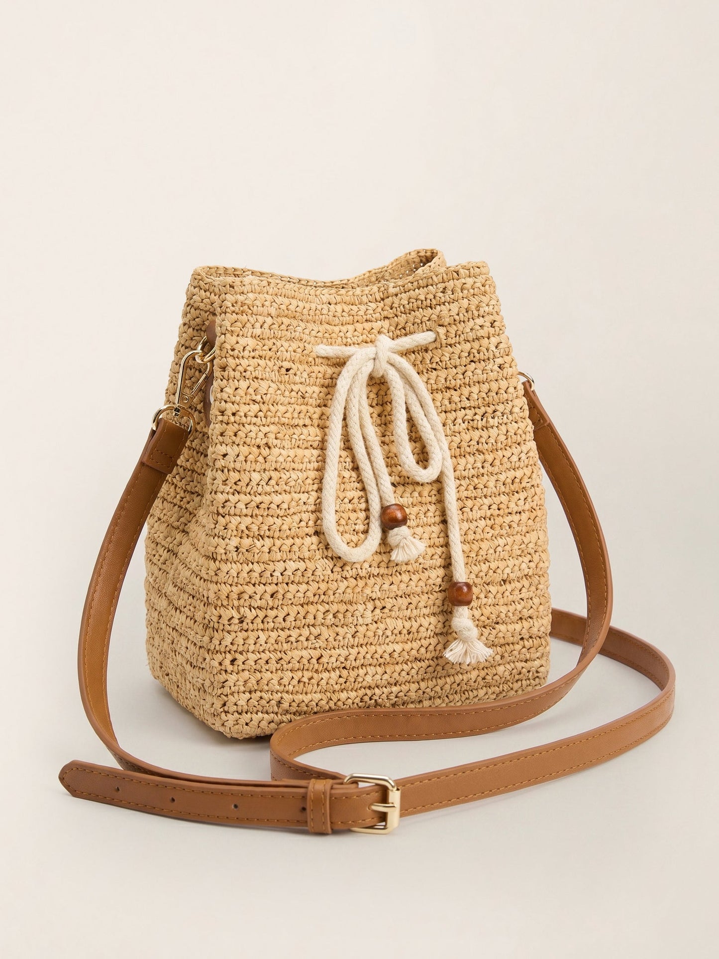 Mini Handwoven Raffia Drawstring Crossbody Bag