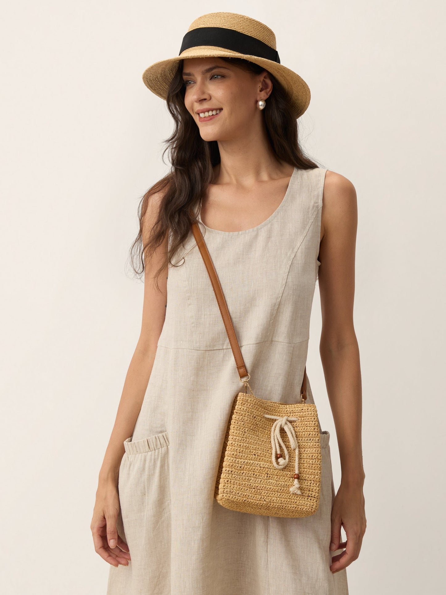 Mini Handwoven Raffia Drawstring Crossbody Bag
